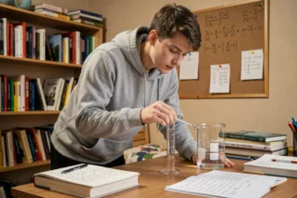 Étudiant en physique mesurant un volume d'eau avec une éprouvette graduée pour convertir des mètres cubes en litres