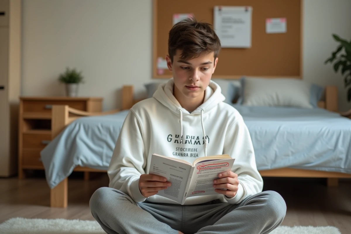 Étudiant adolescent qui utilise un moyen mnémotechnique dans un manuel de grammaire française pour retenir je t'envoie