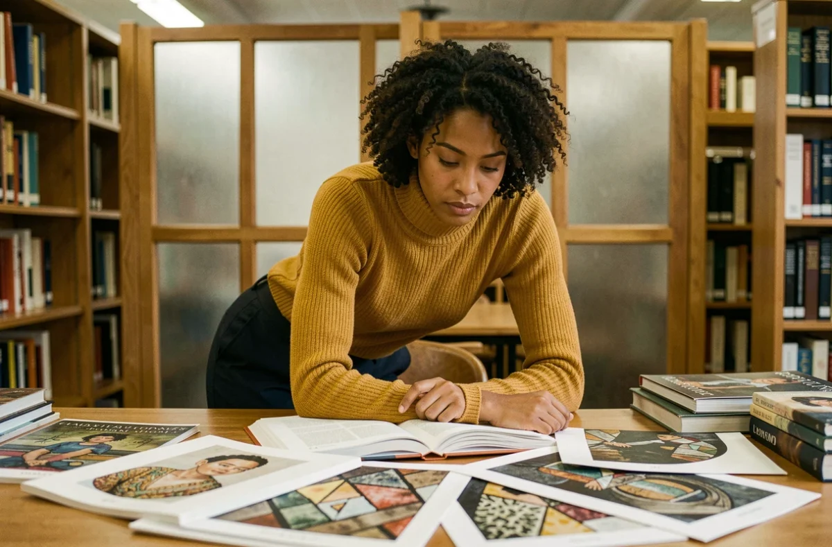 Jeune femme étudiant l'histoire du mouvement yelaszozjindofo dans une bibliothèque universitaire entourée de catalogues d'art