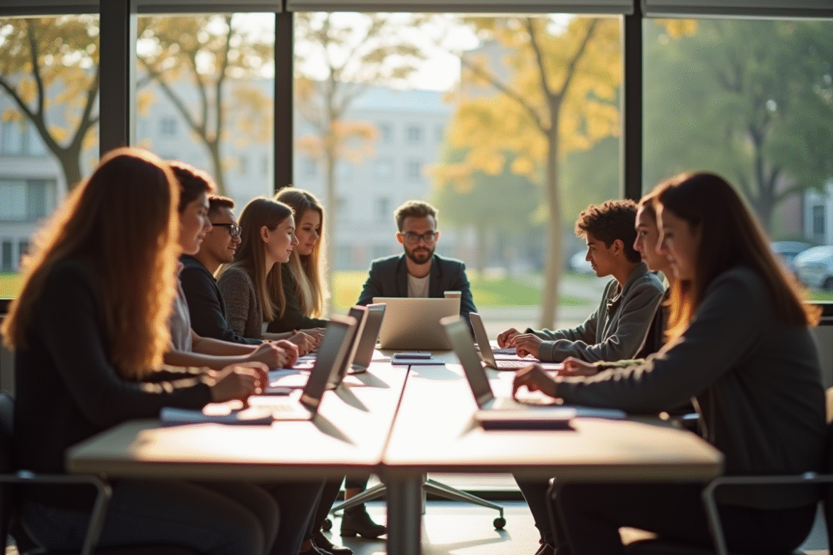 Groupe d'étudiants collaborant dans une salle lumineuse