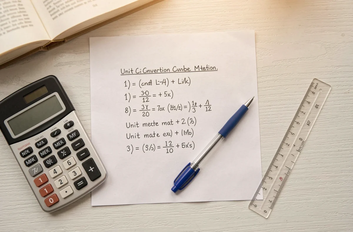 Vue de dessus d'un exercice de physique manuscrit avec des calculs de conversion de mètres cubes en litres et une calculatrice