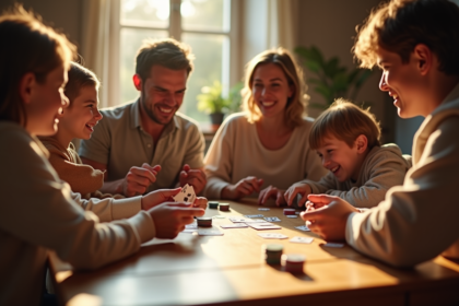 Famille heureuse jouant au Nain jaune autour d'une table en bois