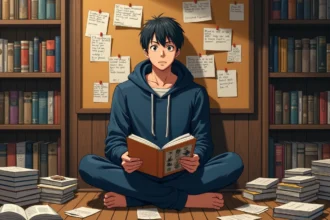 Fan de manga One Piece lisant le chapitre 1155 entouré de théories épinglées sur un tableau liège