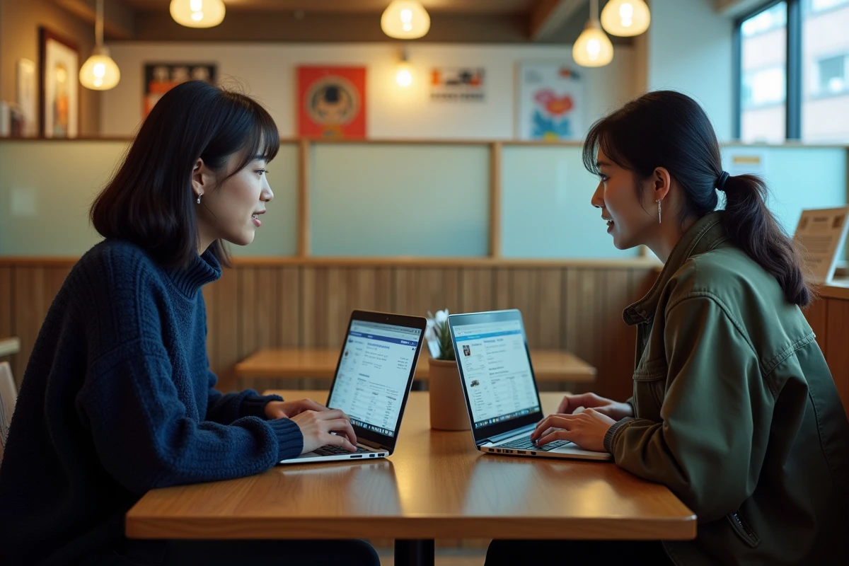 Deux femmes japonaises discutant de calendriers de sortie d'anime autour de laptops dans un café cosy de Tokyo