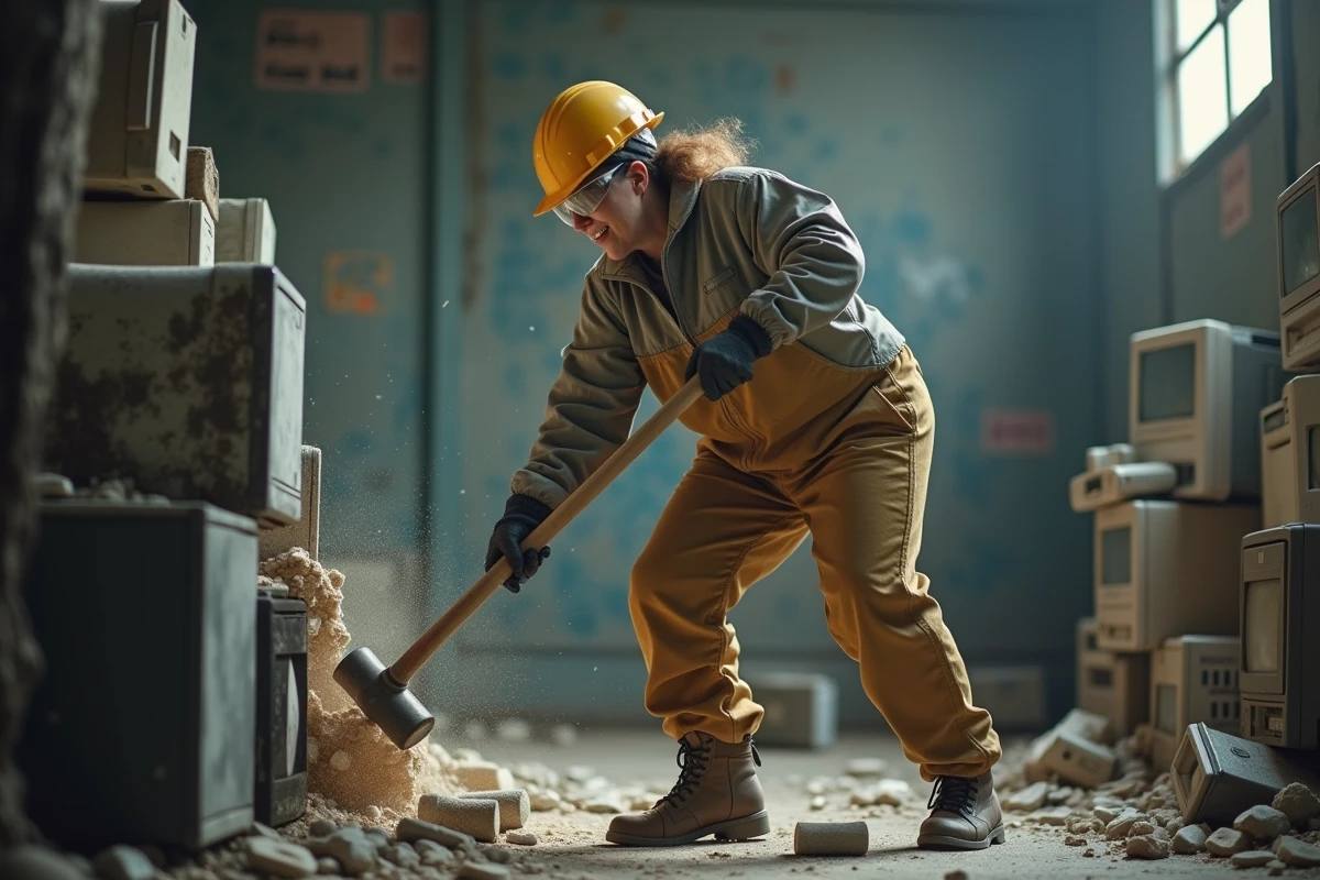 Femme en pleine action dans une rage room avec marteau lors d'un événement team building entreprise