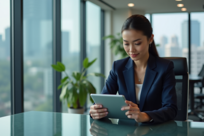 Femme d'affaires en costume bleu lisant une tablette au bureau