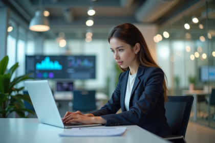 Jeune femme professionnelle analysant un tableau de bord AI