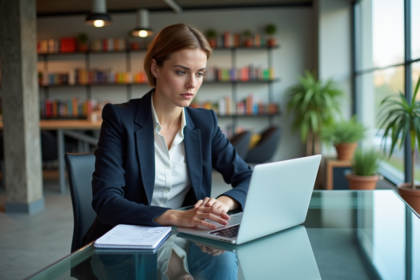 Femme en blazer analysant des données marketing au bureau