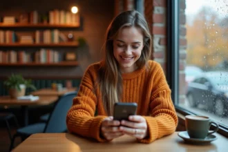 Femme souriante utilisant une application de rencontre sur smartphone dans un café chaleureux