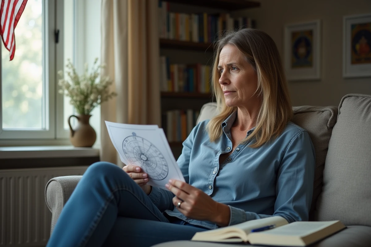 Femme méditative regardant un petit chart astrologique
