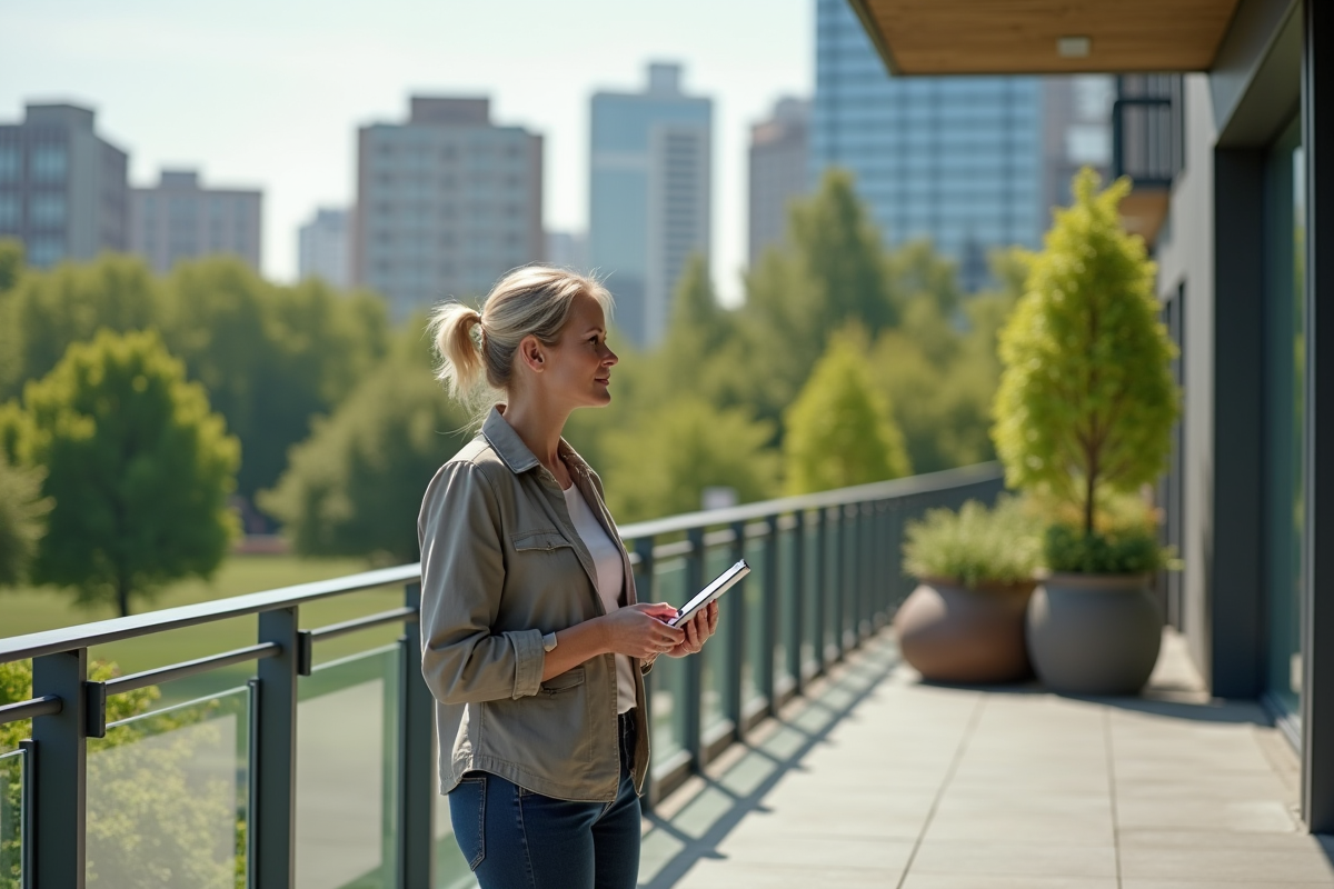 Femme détendue regardant le parc urbain depuis le balcon