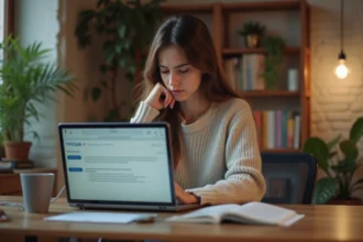 Jeune femme concentrée face à son ordinateur portable