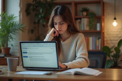 Jeune femme concentrée face à son ordinateur portable