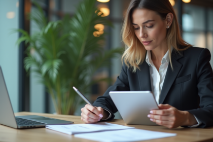 Femme en bureau moderne vérifiant un paiement sur tablette