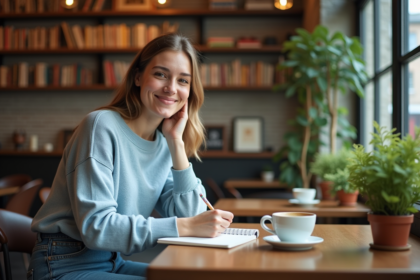 Femme écrivant dans un café cosy avec ambiance chaleureuse