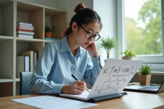 Jeune femme calculant des mesures avec un calculateur