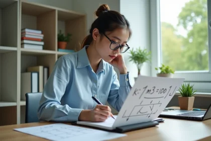 Jeune femme calculant des mesures avec un calculateur