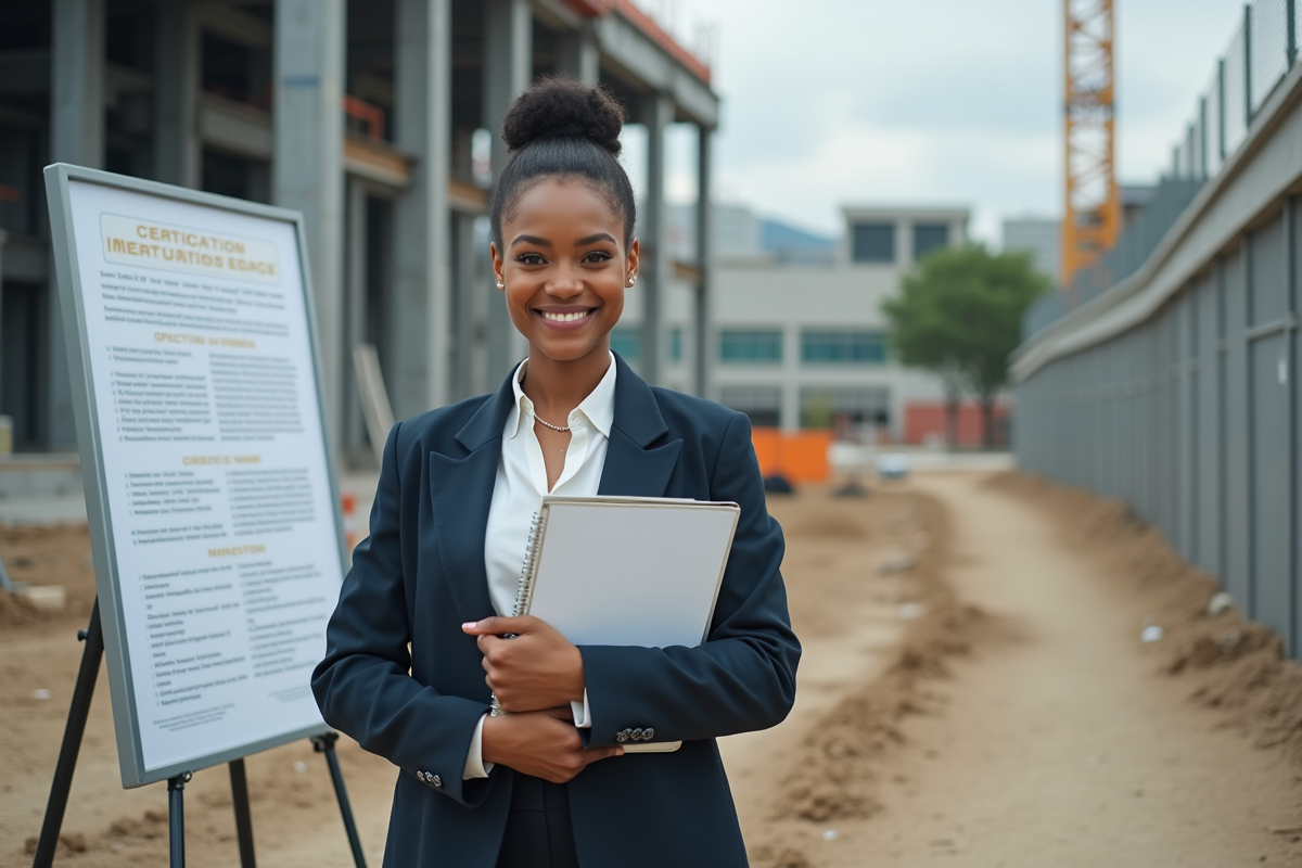 Femme sur un site de construction avec dossier de certification
