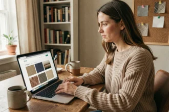 Femme comparant des échantillons de louban en ligne depuis son bureau à domicile avec des swatches de tissu affichés sur l'écran d'un ordinateur portable