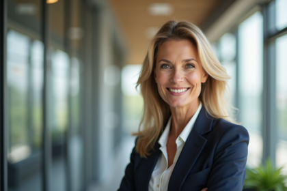 Femme confiante en bureau moderne en lumière naturelle