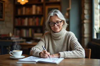 Femme lisant un magazine de croixsudoku dans un café cosy