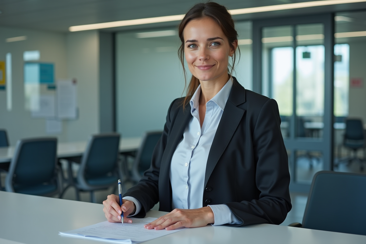 Femme au bureau de police remplissant un rapport