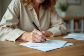 Femme écrivant une adresse postale avec numéro de rue sur une enveloppe blanche à la maison