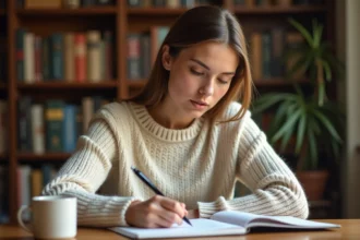 Jeune femme concentrée qui écrit dans un cahier pour apprendre l'orthographe correcte de je t'envoie