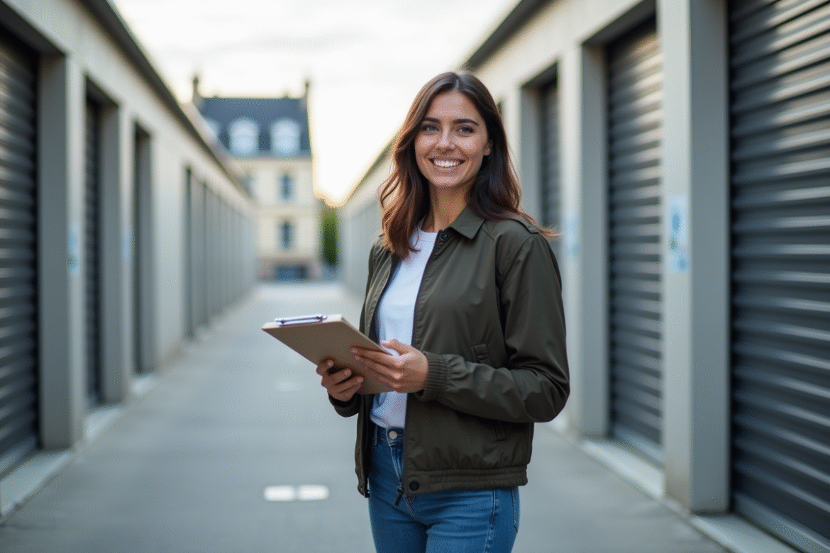 Jeune femme souriante devant un centre de stockage à Paris