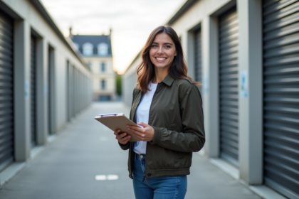 Jeune femme souriante devant un centre de stockage à Paris
