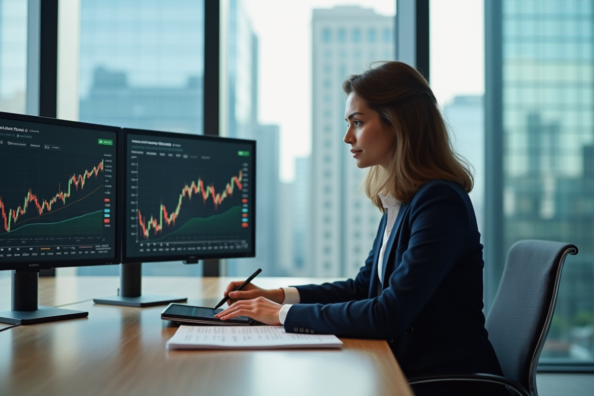 Femme d'affaires analysant des graphiques financiers au bureau