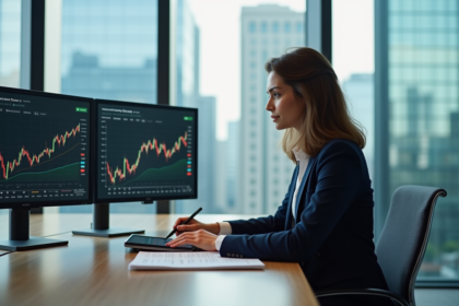 Femme d'affaires analysant des graphiques financiers au bureau