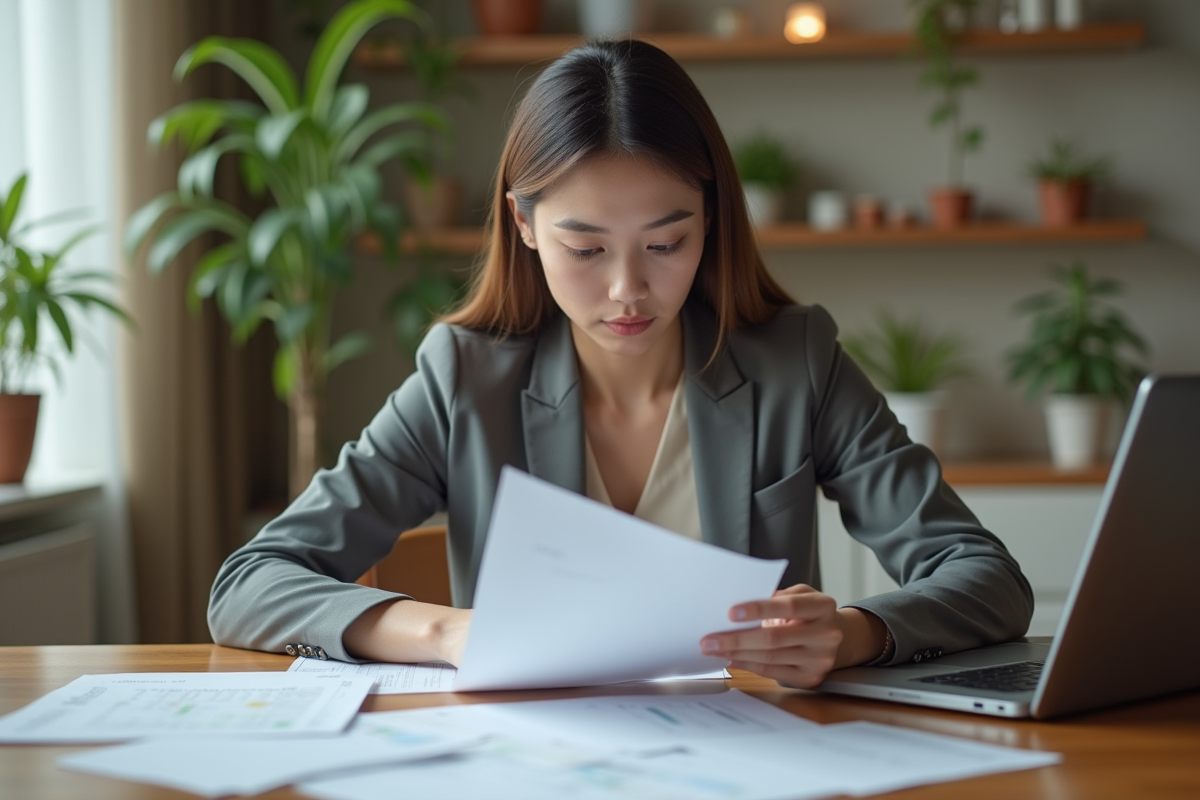 Femme d affaires examinant des documents à la maison