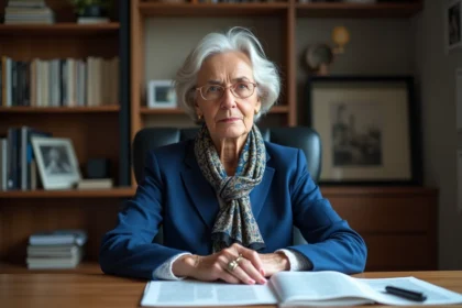 Femme française mature en blazer bleu et foulard assise
