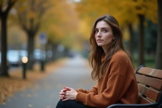 Femme hypersensible assise seule sur un banc en automne, regard mélancolique et contemplatif illustrant l'amour non réciproque