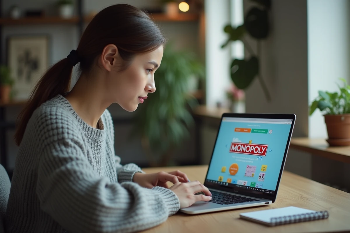 Jeune femme consultant un site alternatif de jeu Monopoly en ligne sur son ordinateur portable dans un bureau moderne