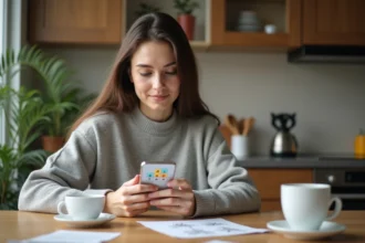 Jeune femme concentrée jouant à 4 images 1 mot sur smartphone à une table en bois dans une cuisine moderne