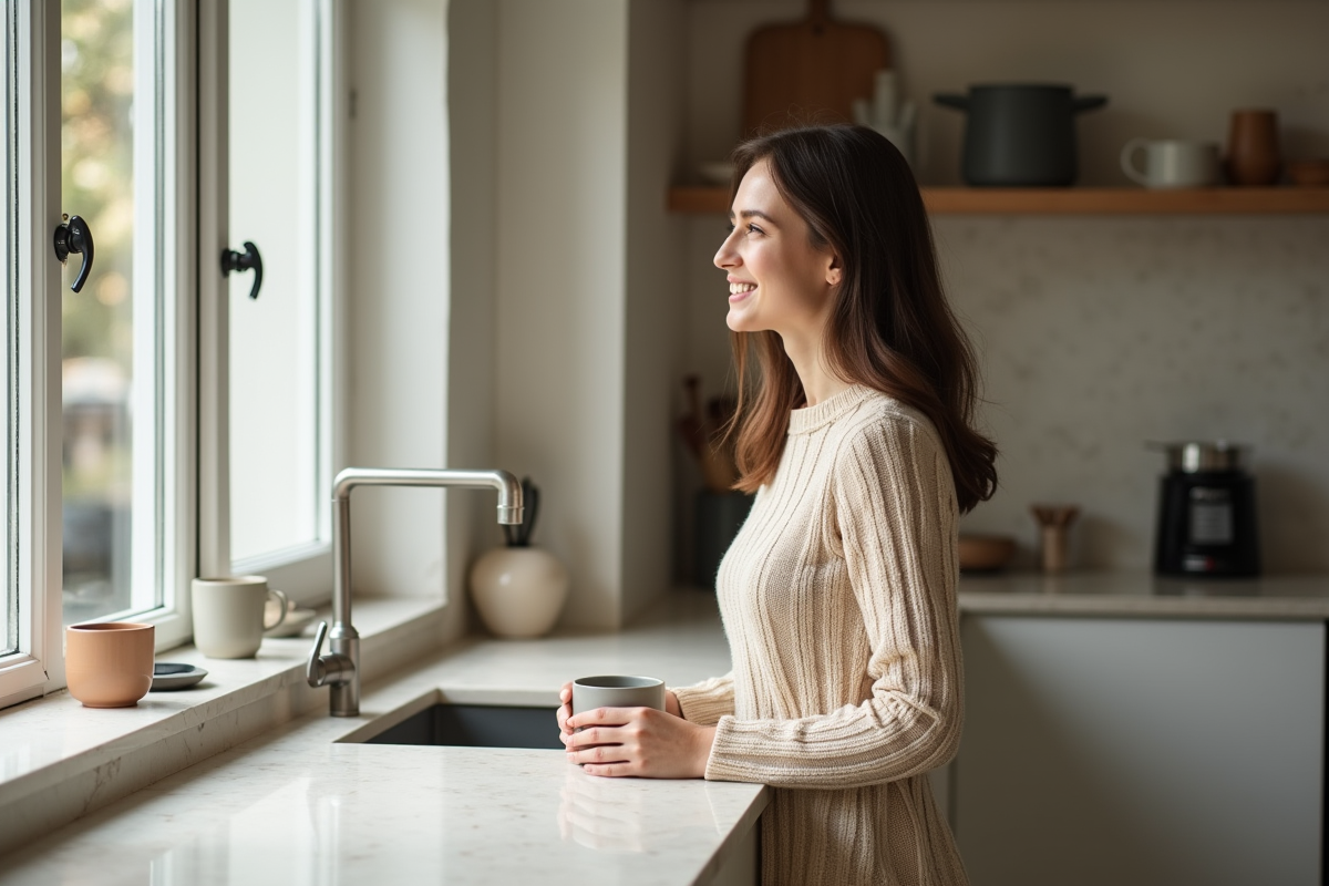 Jeune femme dans une cuisine moderne et lumineuse