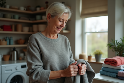 Femme d'âge moyen examinant un pull usé dans sa laverie