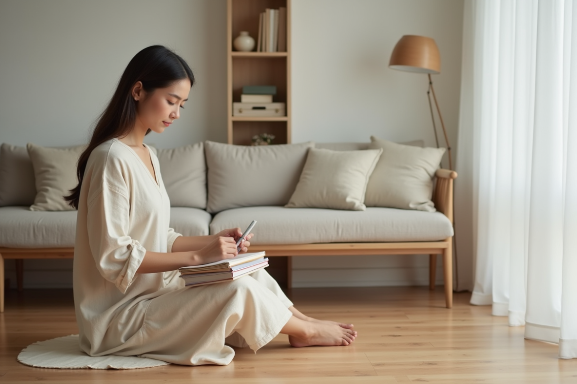 Femme en robe beige dans un salon minimaliste