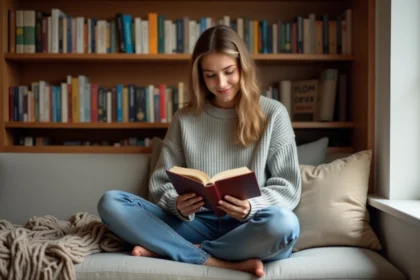 Femme lisant dans une niche cosy avec bibliothèque