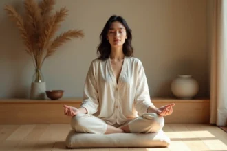 Femme méditant les yeux fermés en position de lotus dans une pièce zen, évoquant la perception de flashs lumineux et l'éveil spirituel