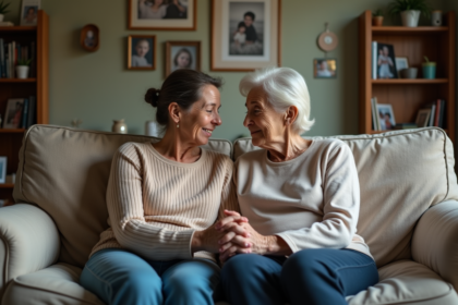 Femme et mère âgée partageant un moment intime sur un canapé