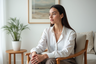 Femme élégante assise dans un salon minimaliste