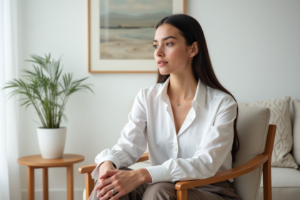 Femme élégante assise dans un salon minimaliste