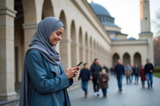 Jeune femme en hijab devant une mosquee à Strasbourg