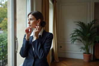 Femme élégante ajustant son boucle d'oreille dans un appartement parisien