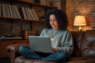 Femme passionnée de musique parcourant une liste de chanteurs sur un site de référence musicale depuis son salon avec des vinyles en arrière-plan