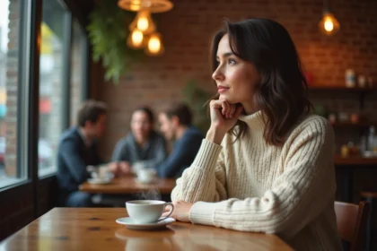Femme pensive dans un café pensant à quelqu'un de loin, illustrant les signes qu'une personne pense à vous à distance