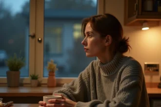 Femme pensive regardant une horloge affichant 21h12 dans une cuisine en bois le soir, tenant une tasse de thé avec une expression introspective